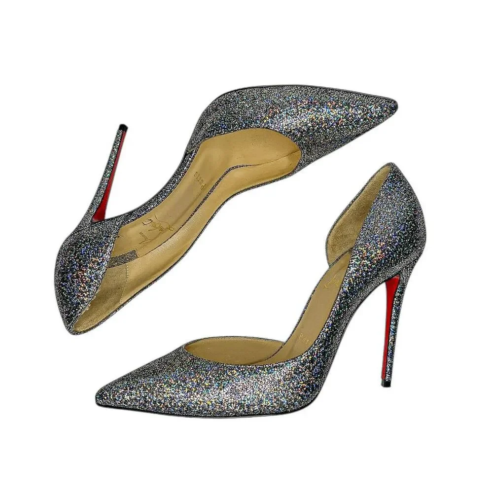 Christian Louboutin Iriza 100 Nappa Mica Silver Glitter Pumps EU 37 d'Orsay Heel